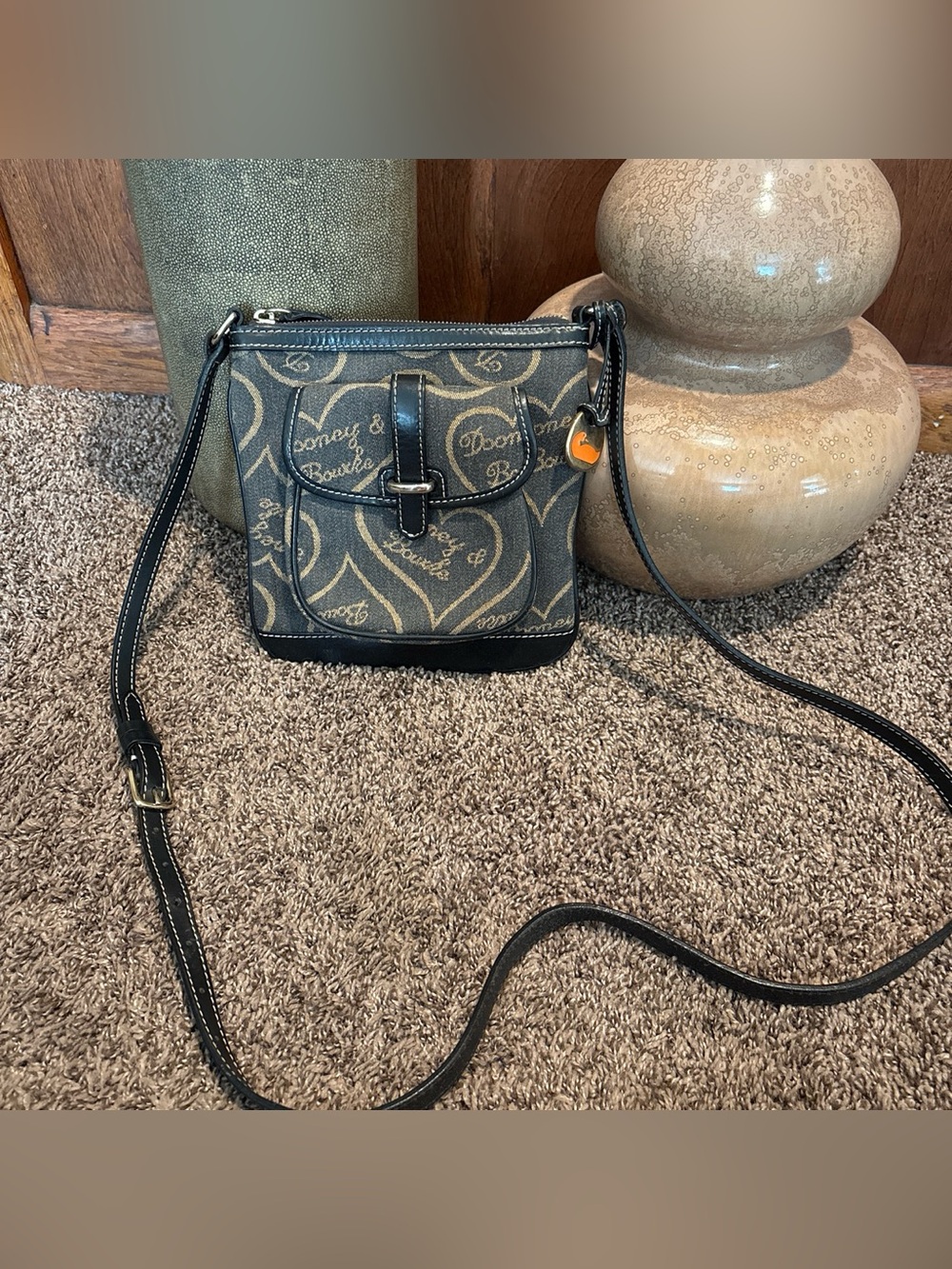 Dooney & Bourke Black and Tan Heart Print Crossbody Pouch